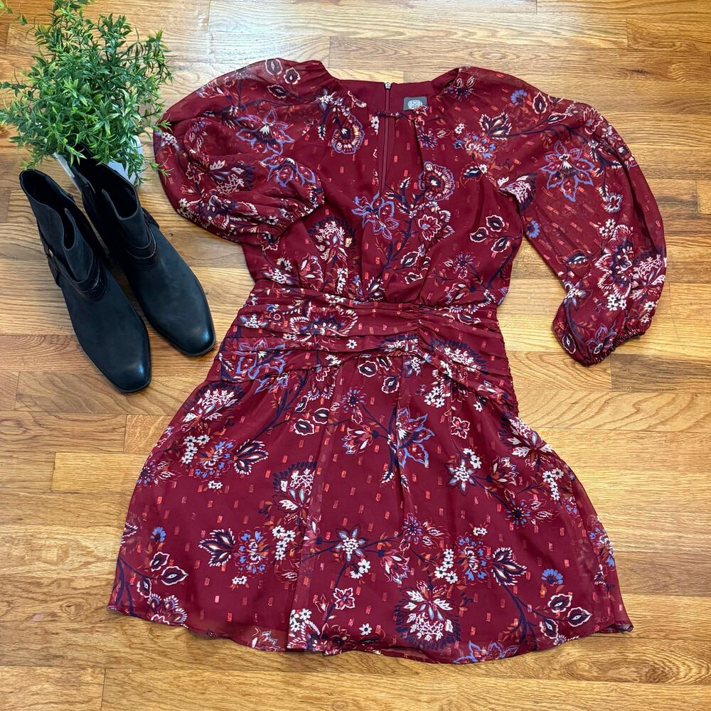 Vince Camuto Womens 6 Maroon Floral Metallic Sheer Sleeve Keyhole Cut out Dress